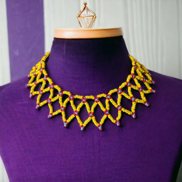 Vintage Yellow Blue Red Handmade Seed Bead Tribal Bib Collar Choker Necklace - Picture 3 of 6